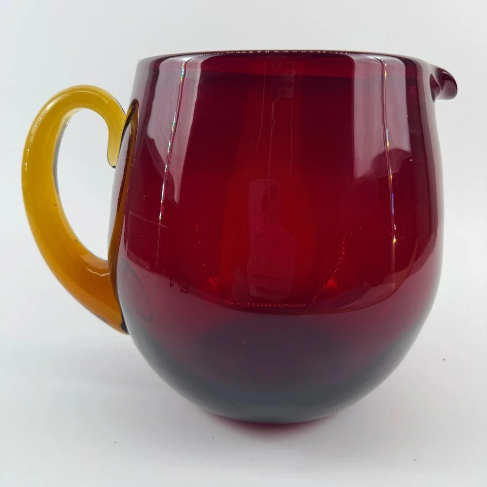 Vintage‎ Hand Blown Ruby Red Glass Pitcher Applied Amber Handle Mid Century